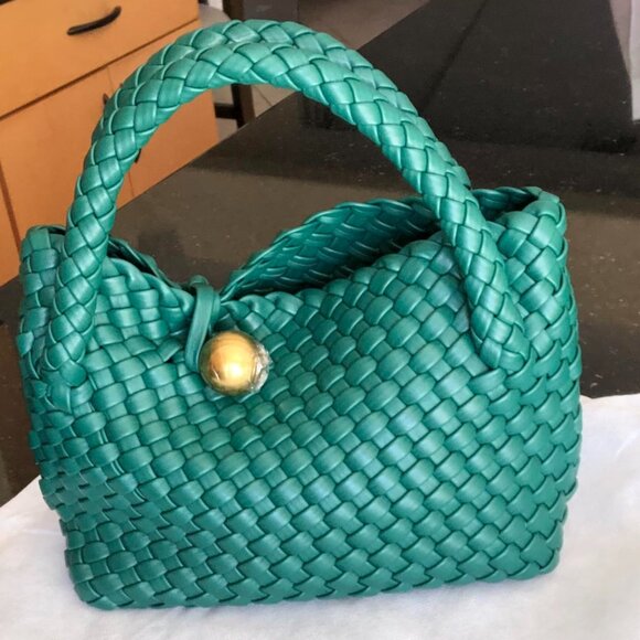 Neiman Marcus Woven Vegan Leather Handbag with Gold Sphere Clasp - Picture 1 of 5